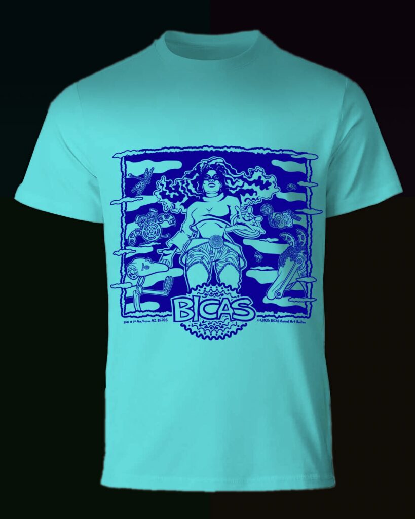 blue shirt with art auction 2025 design